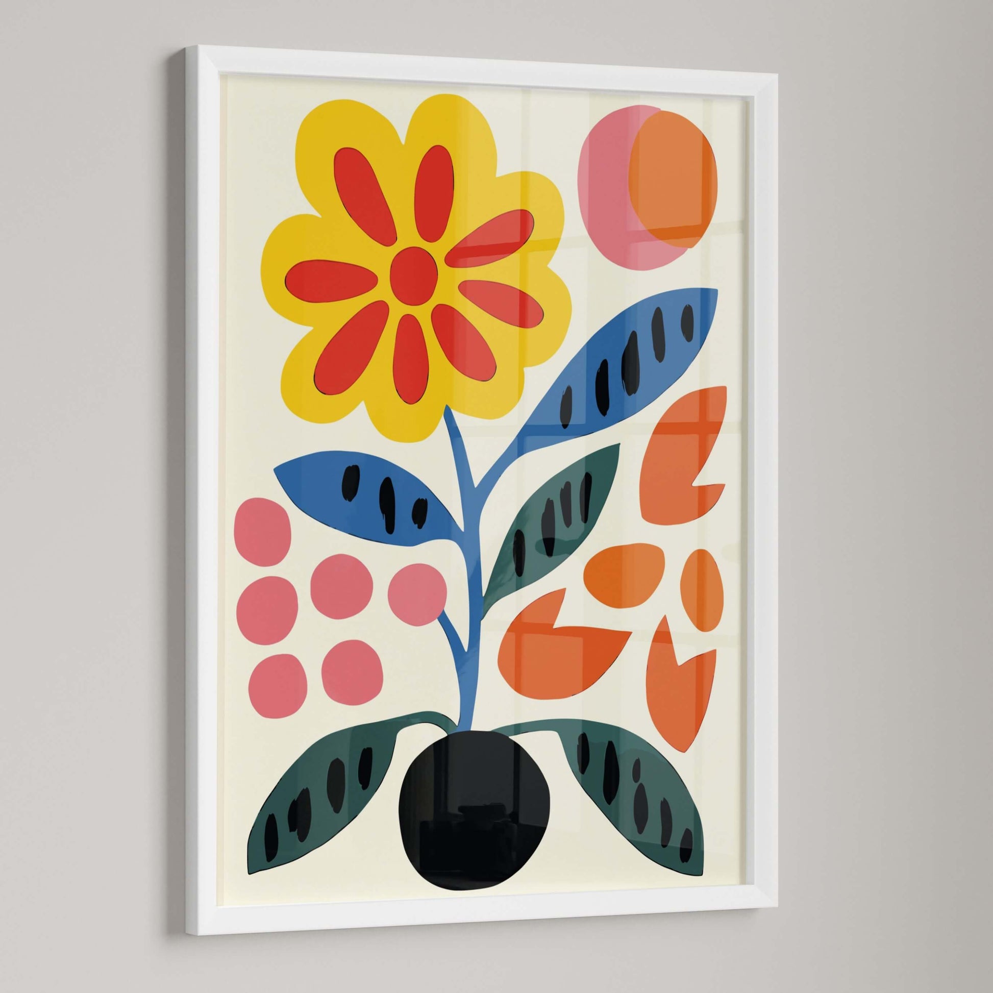 Close-up of Bold Blooms abstract floral print in a white frame, showcasing vibrant yellow, red, and blue colors.
