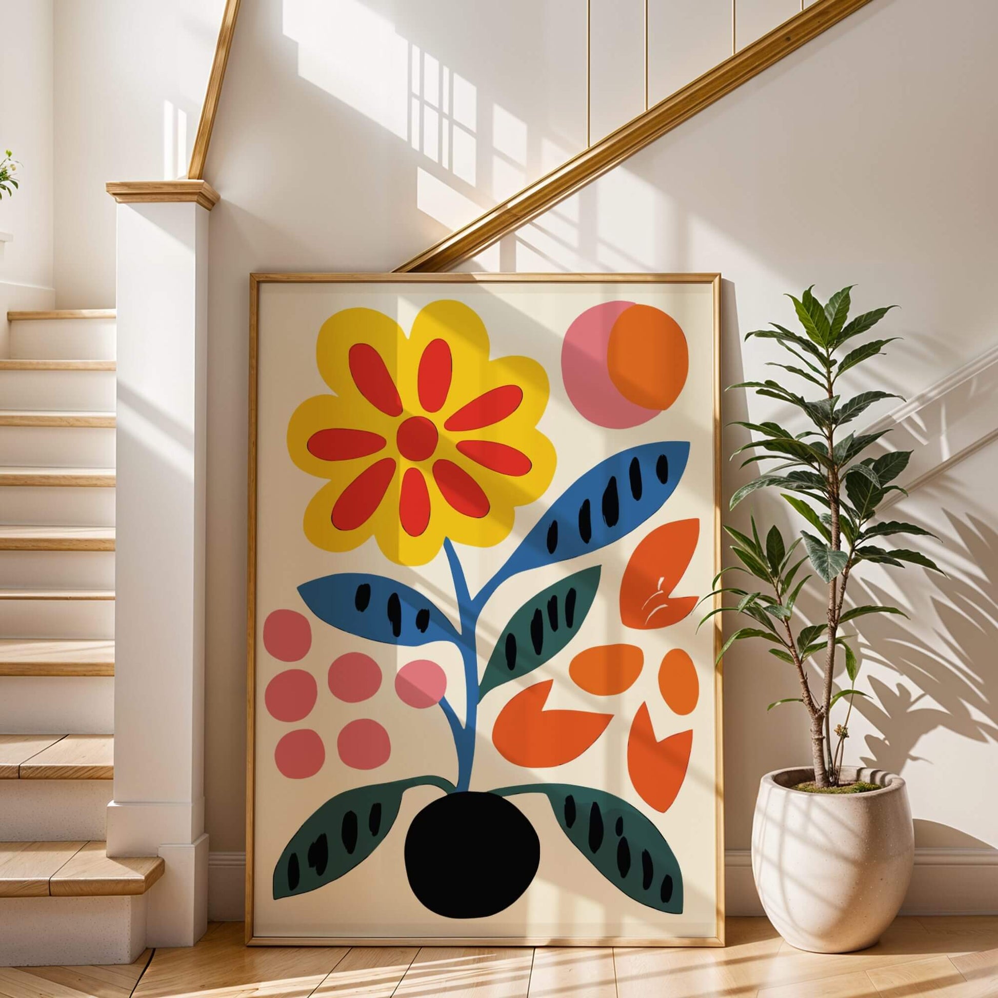 Large framed Bold Blooms abstract floral print leaning against a staircase wall with natural sunlight.
