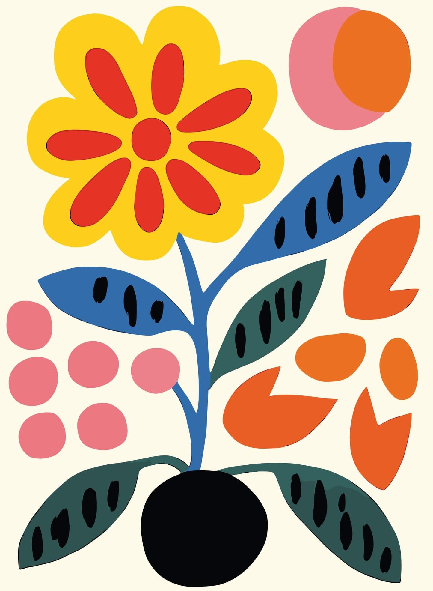 Bold Blooms abstract floral print featuring bright, colorful shapes on a cream background.
