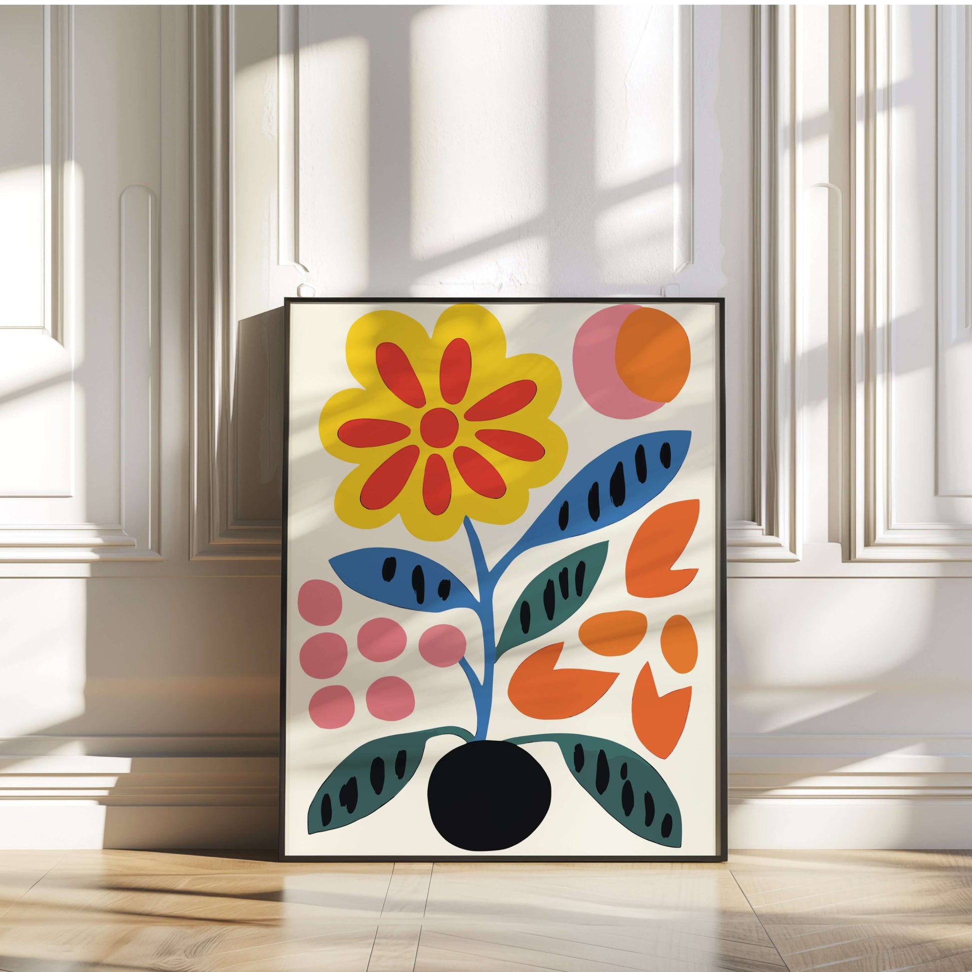 Ready-to-hang Bold Blooms abstract floral print with sharp, vivid colors in a modern setting.
