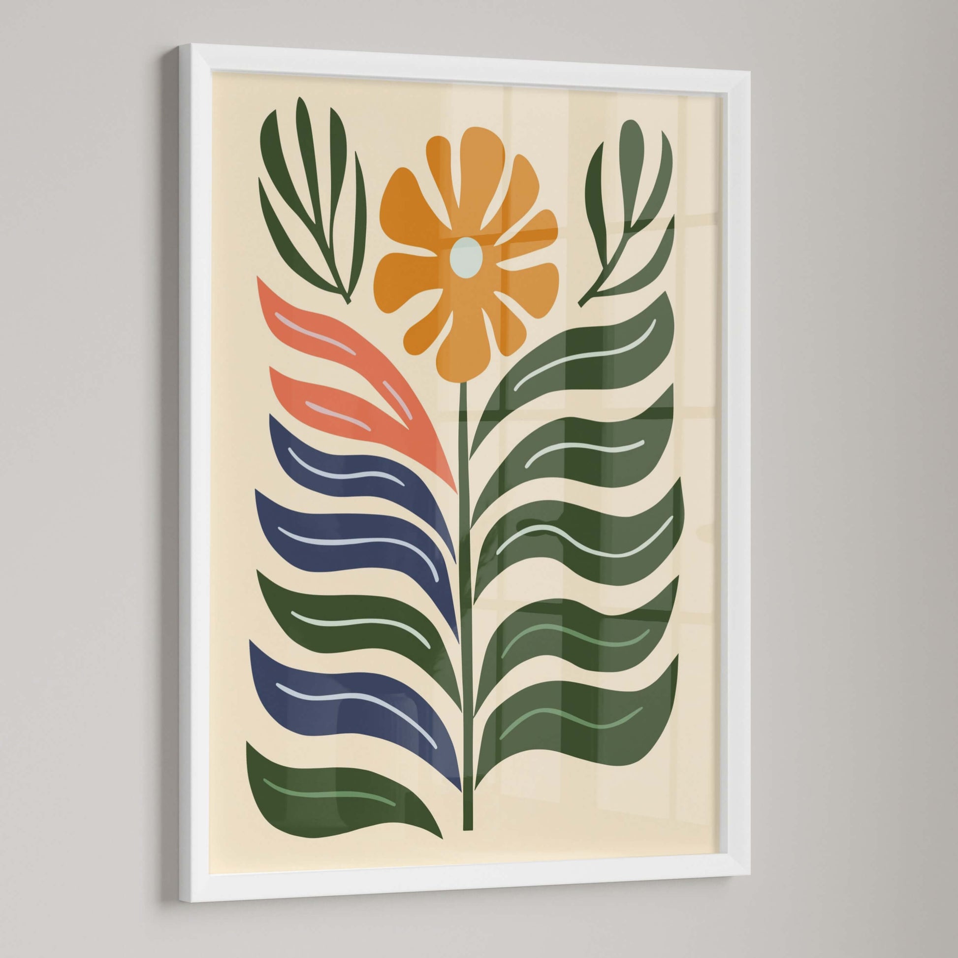 Close-up of Bold Bloom Modern wall art in a white frame, featuring bold green, orange, and blue shapes.
