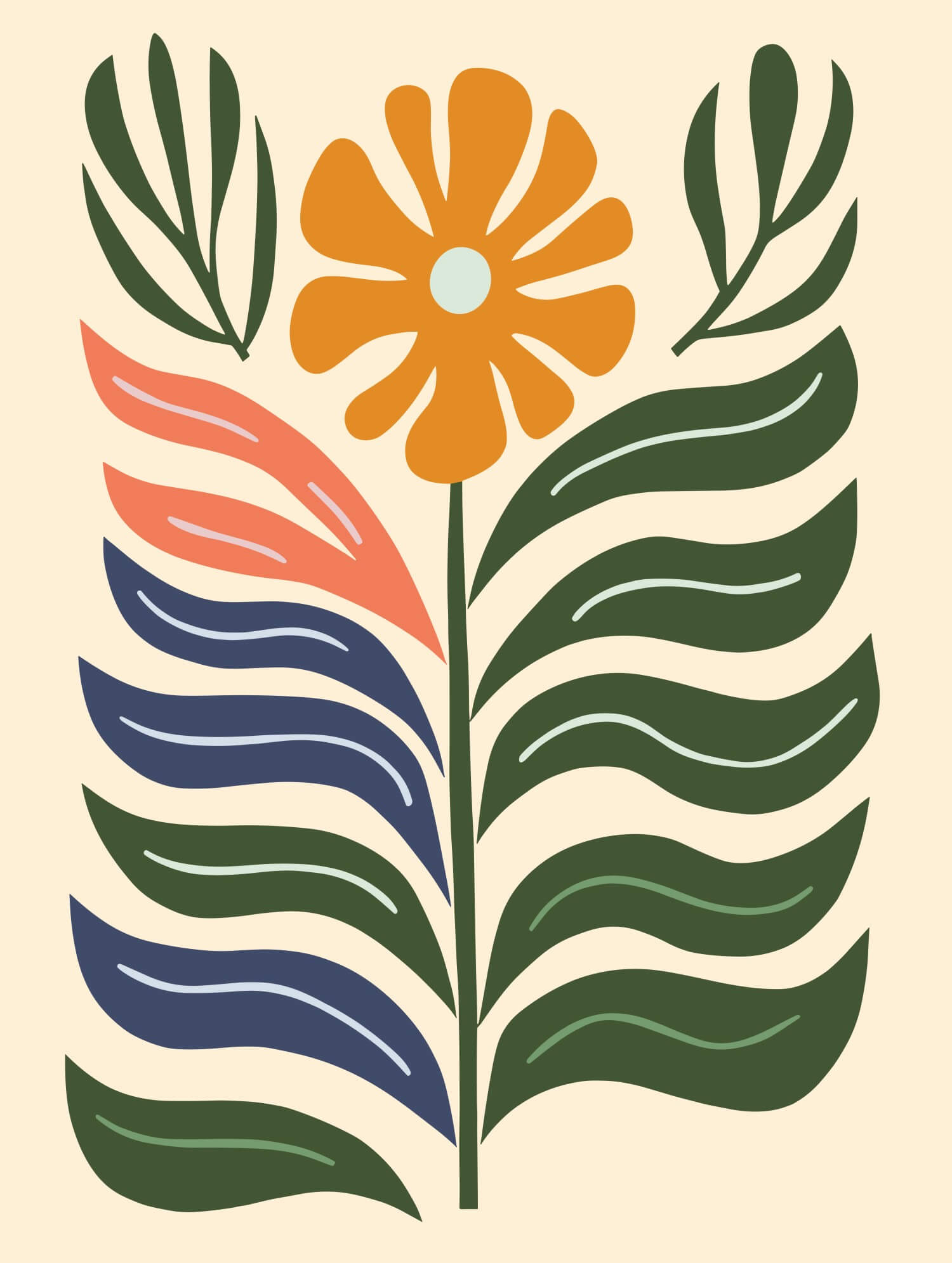 Bold Bloom Modern abstract art print showcasing wavy green leaves and a vibrant orange flower.
