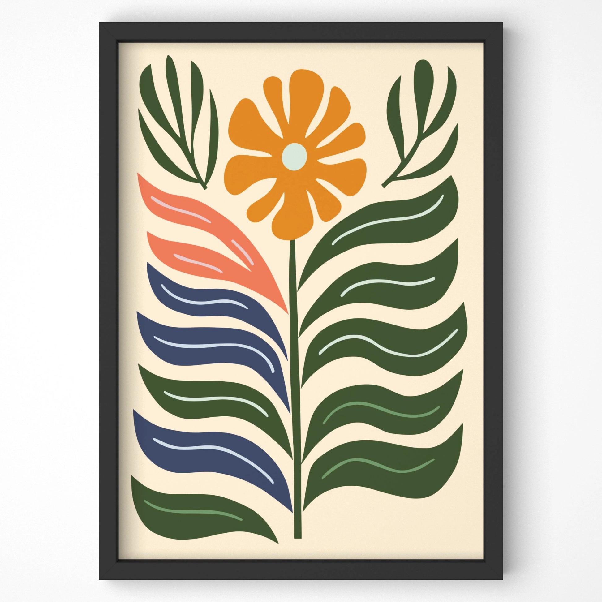 Bold Bloom Modern abstract art print showcasing wavy green leaves and a vibrant orange flower.
