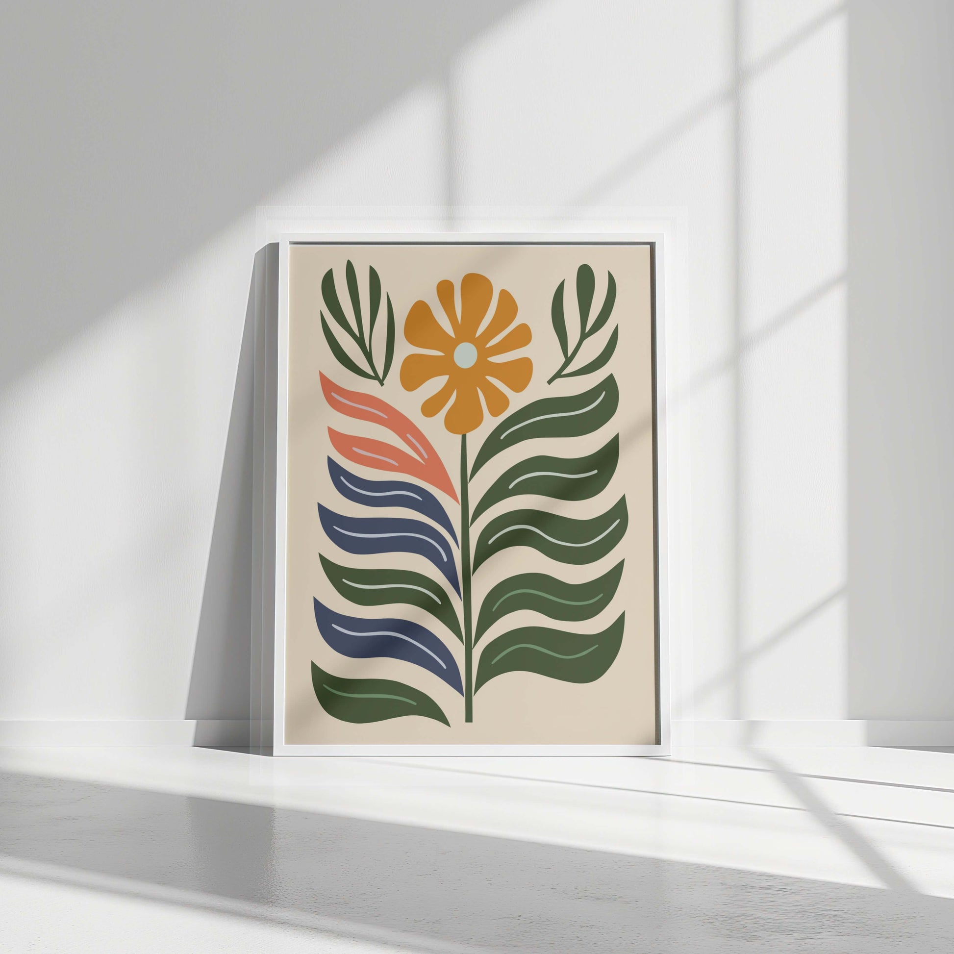 Bold Bloom Modern wall art in a sleek white frame, highlighted by soft, natural light reflections.
