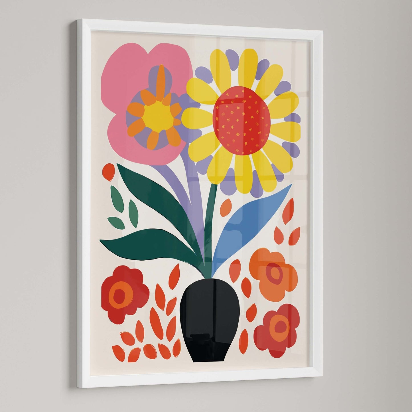 Close-up of Bold Blooms Vase wall art in a white frame, featuring vibrant floral designs in pink, yellow, and red.
