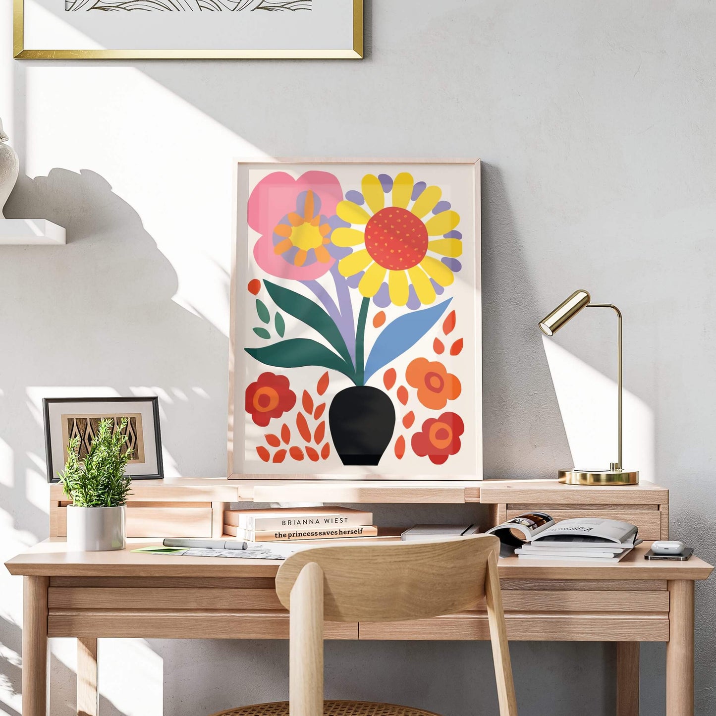 Bold Blooms Vase abstract floral print displayed elegantly on a wooden desk with warm natural light.
