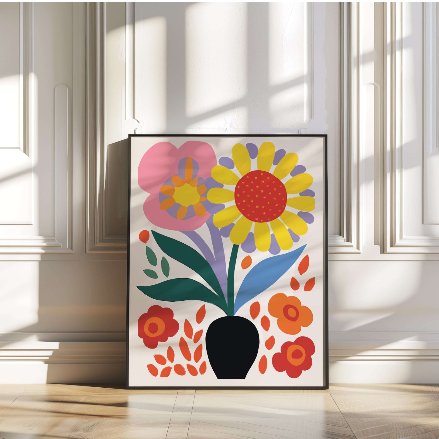 Ready-to-hang Bold Blooms Vase print with vivid colors, adding a fresh touch to modern interiors.
