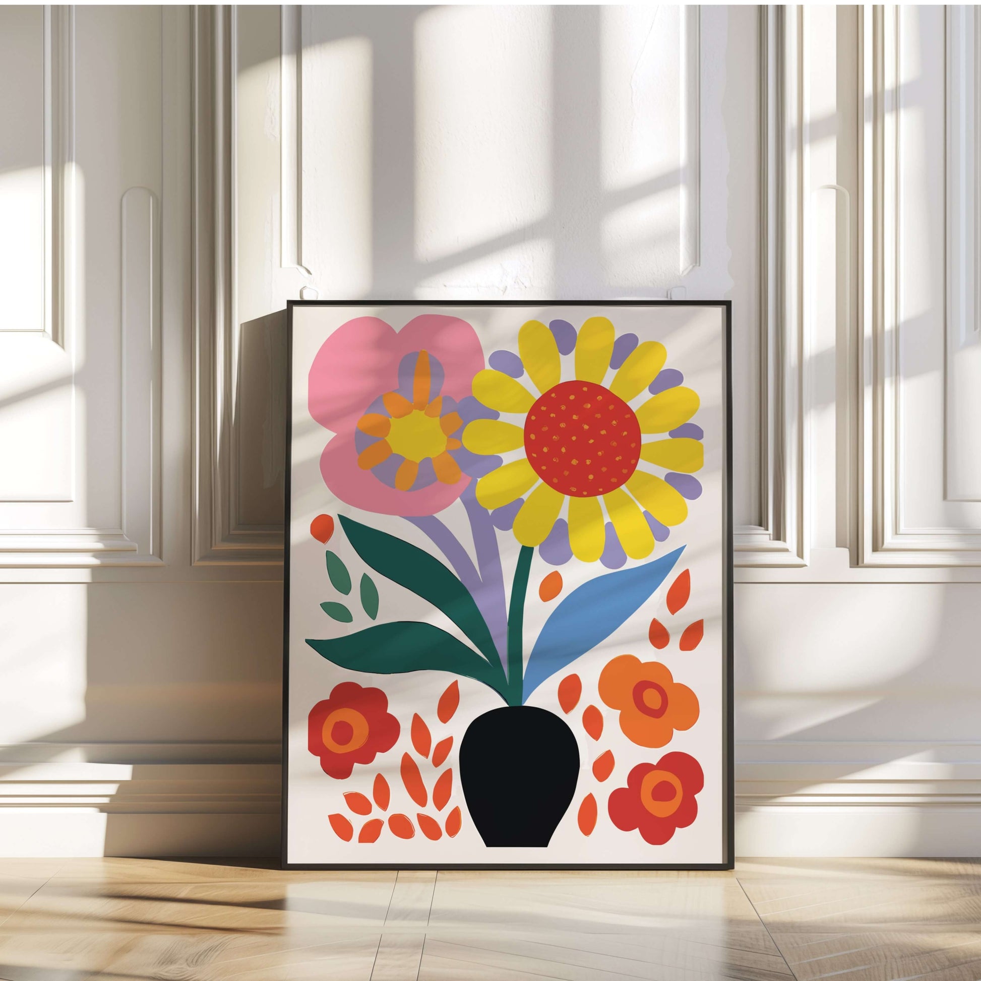 Ready-to-hang Bold Blooms Vase print with vivid colors, adding a fresh touch to modern interiors.
