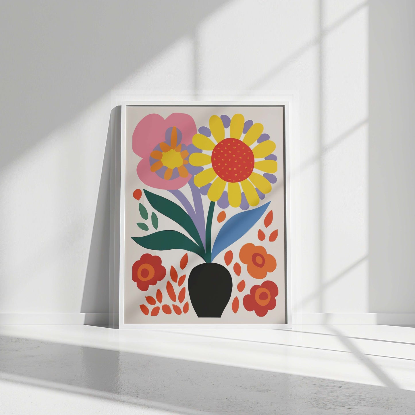 Bold Blooms Vase wall art in a sleek white frame, highlighted by dramatic shadows on the floor.
