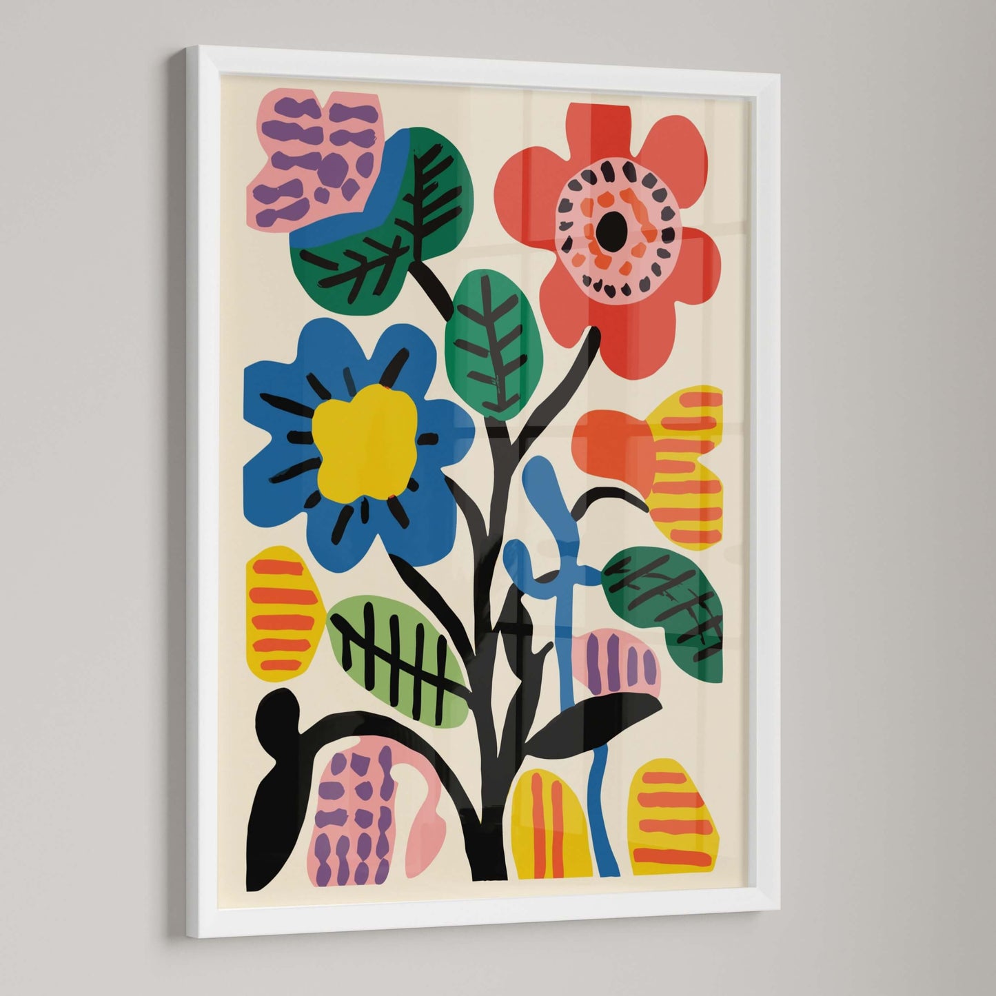 Close-up of Bold Botanic Abstract Print in a white frame, showcasing vibrant flowers and bold leaf patterns.
