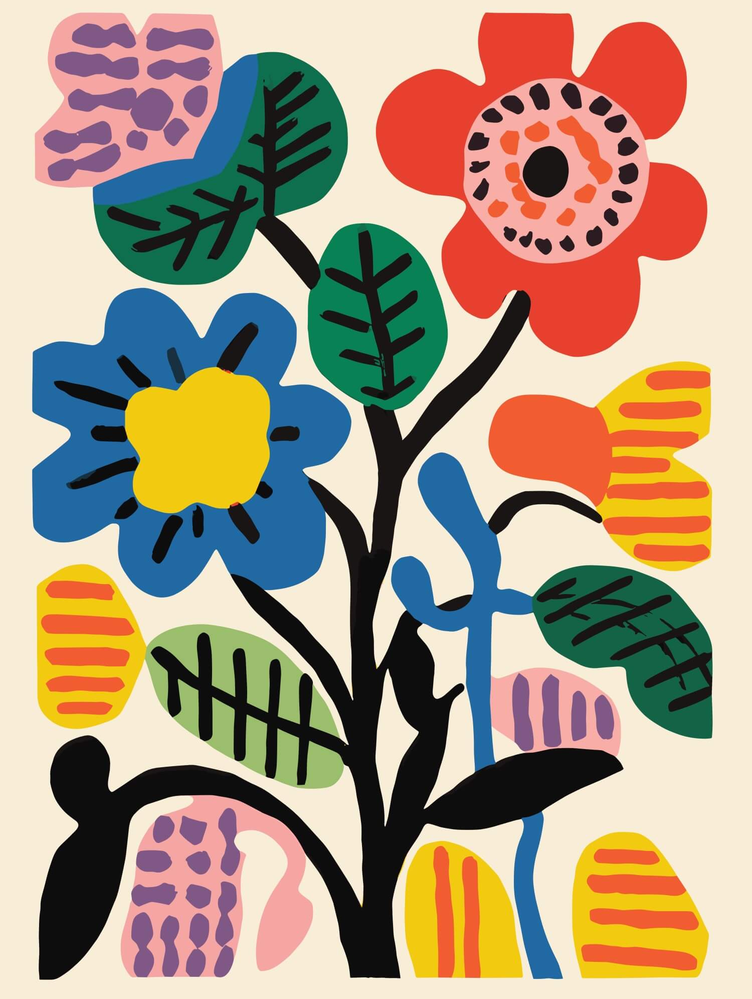 Bold Botanic Abstract Print featuring colorful flowers, dynamic black stems, and vivid geometric shapes.
