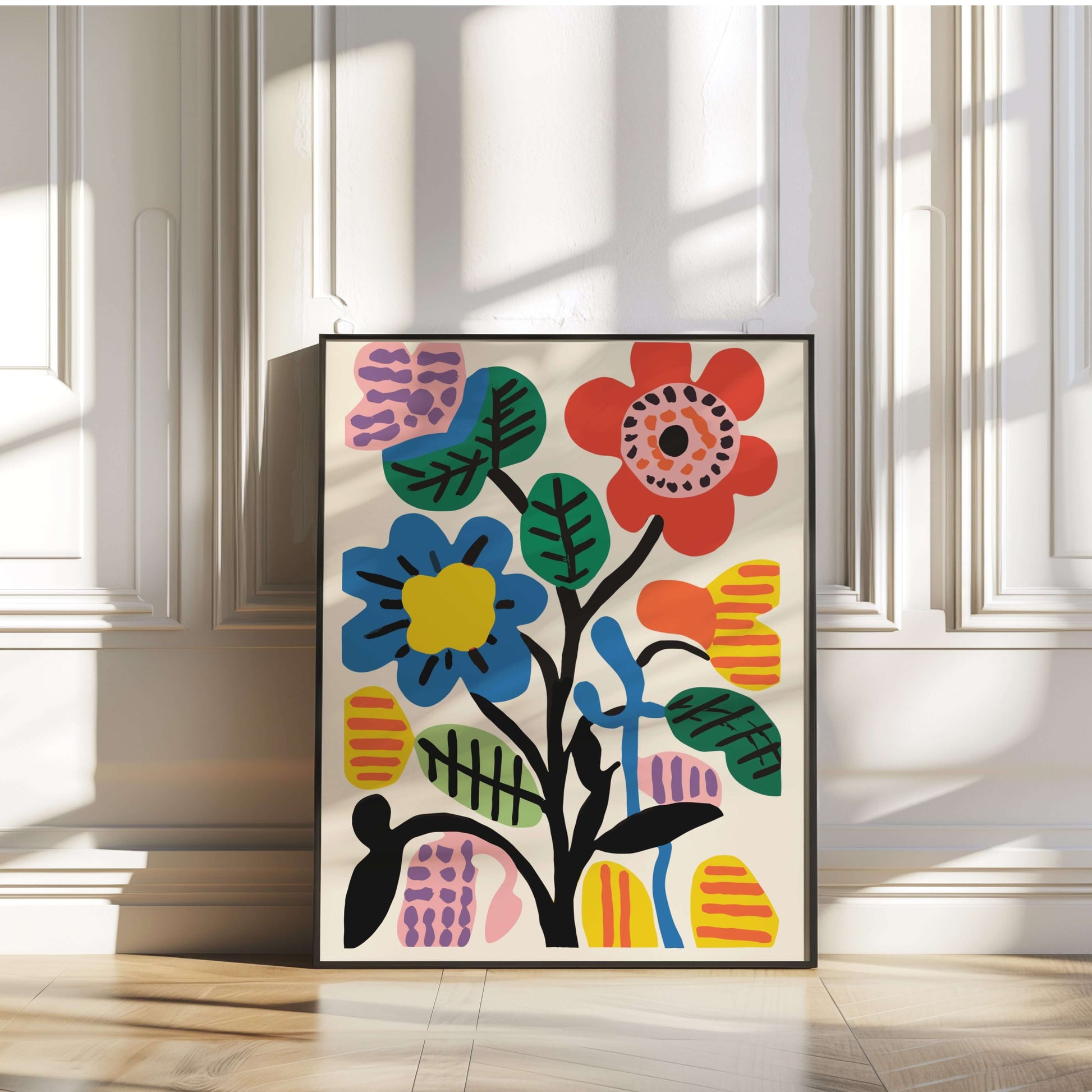 Ready-to-hang Bold Botanic Abstract Print with rich, vibrant colors in a modern interior.
