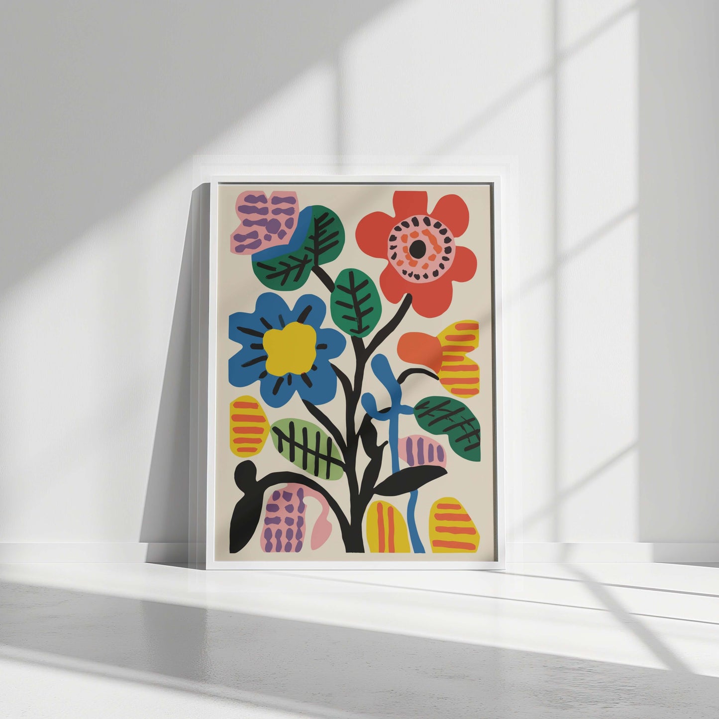 Bold Botanic Abstract Print in a sleek white frame, highlighted by natural light and soft shadows.
