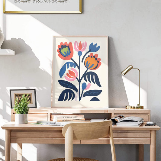 Bold Botanical Bloom abstract floral print displayed elegantly on a wooden desk with natural sunlight.
