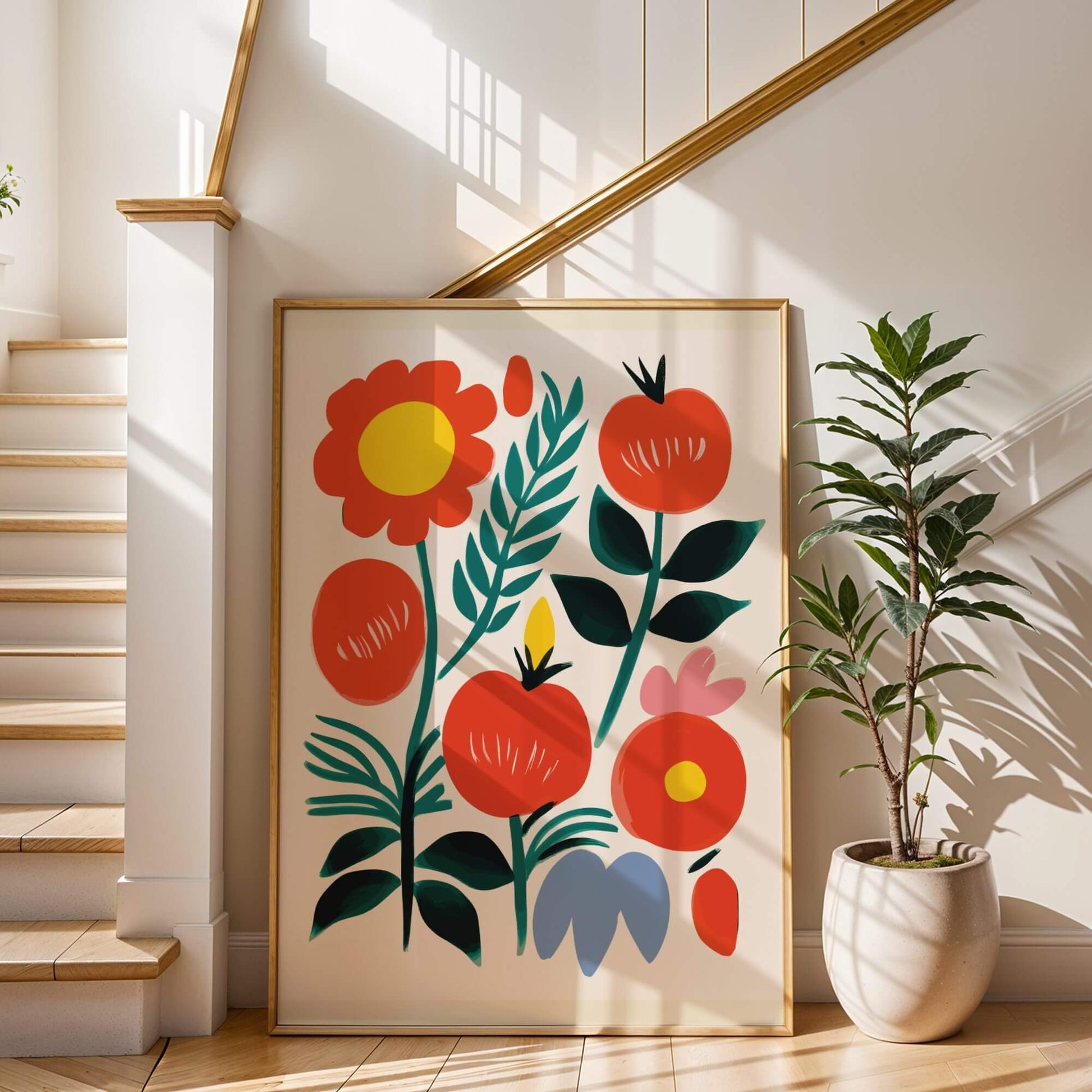 Large botanical red fruit art leaning against a staircase, framed elegantly with a warm-toned frame.
