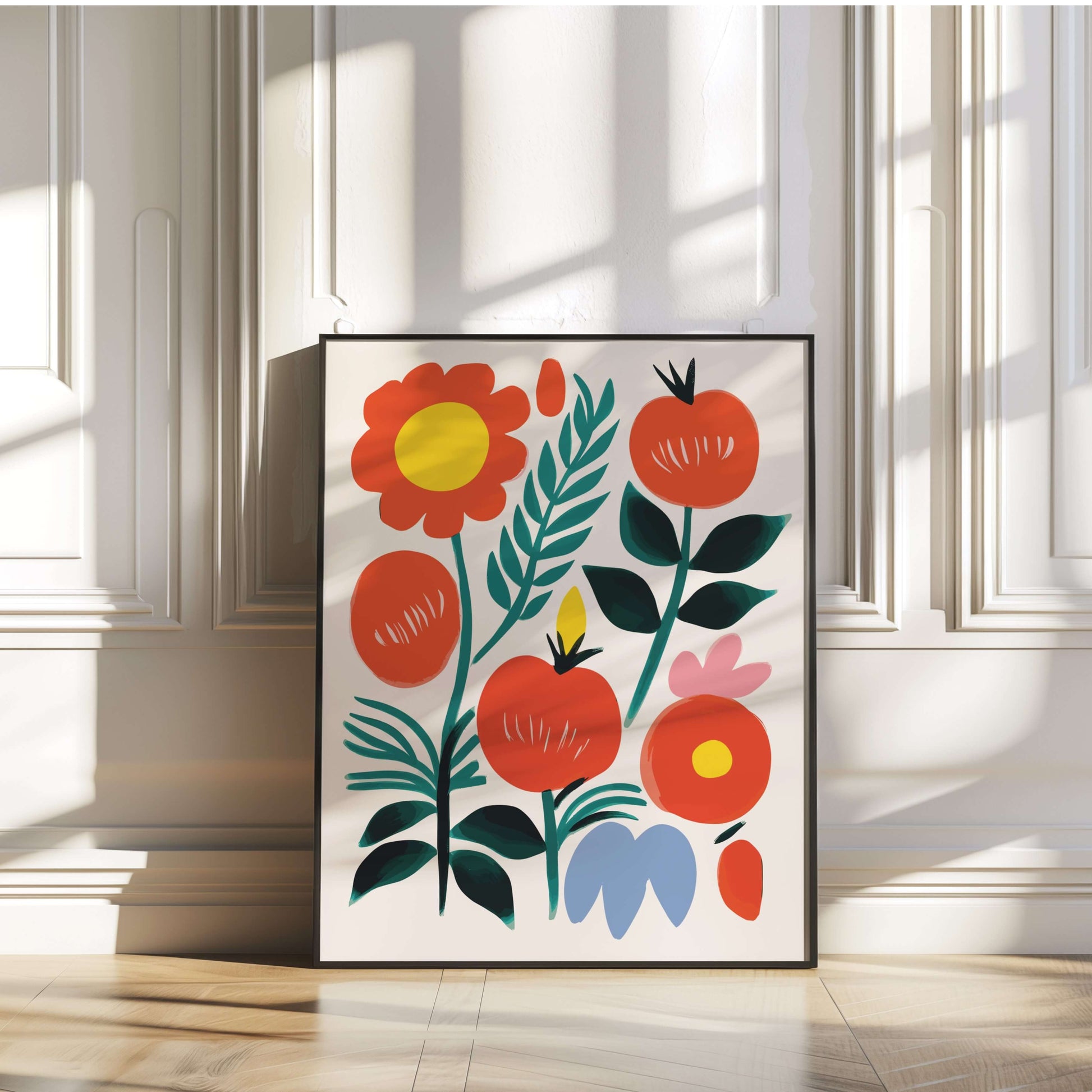 Ready-to-hang botanical red fruit print with a black frame, casting soft shadows in a bright room.
