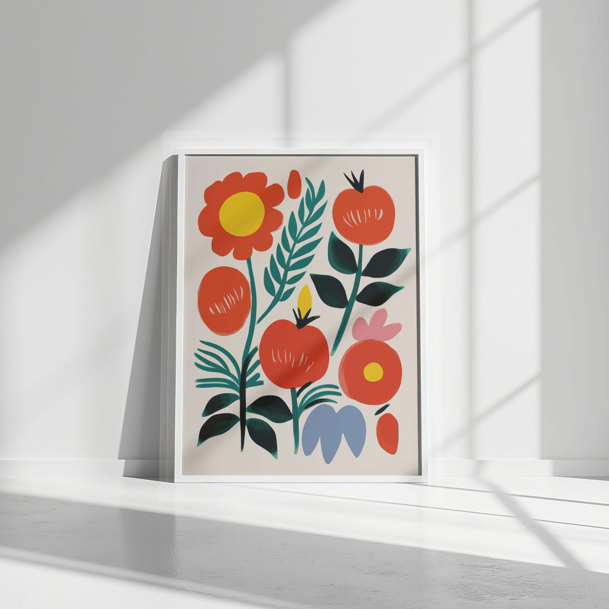 White-framed bold botanical red fruit wall art, featuring abstract flowers and fruits with striking colors.
