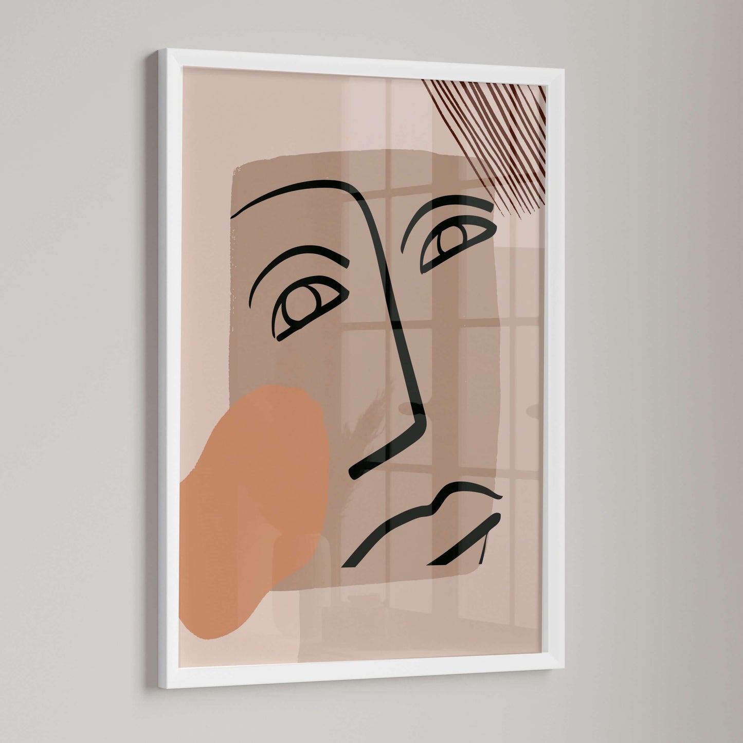 Close-up of bold gaze line art framed in white, featuring sharp black outlines of facial features.
