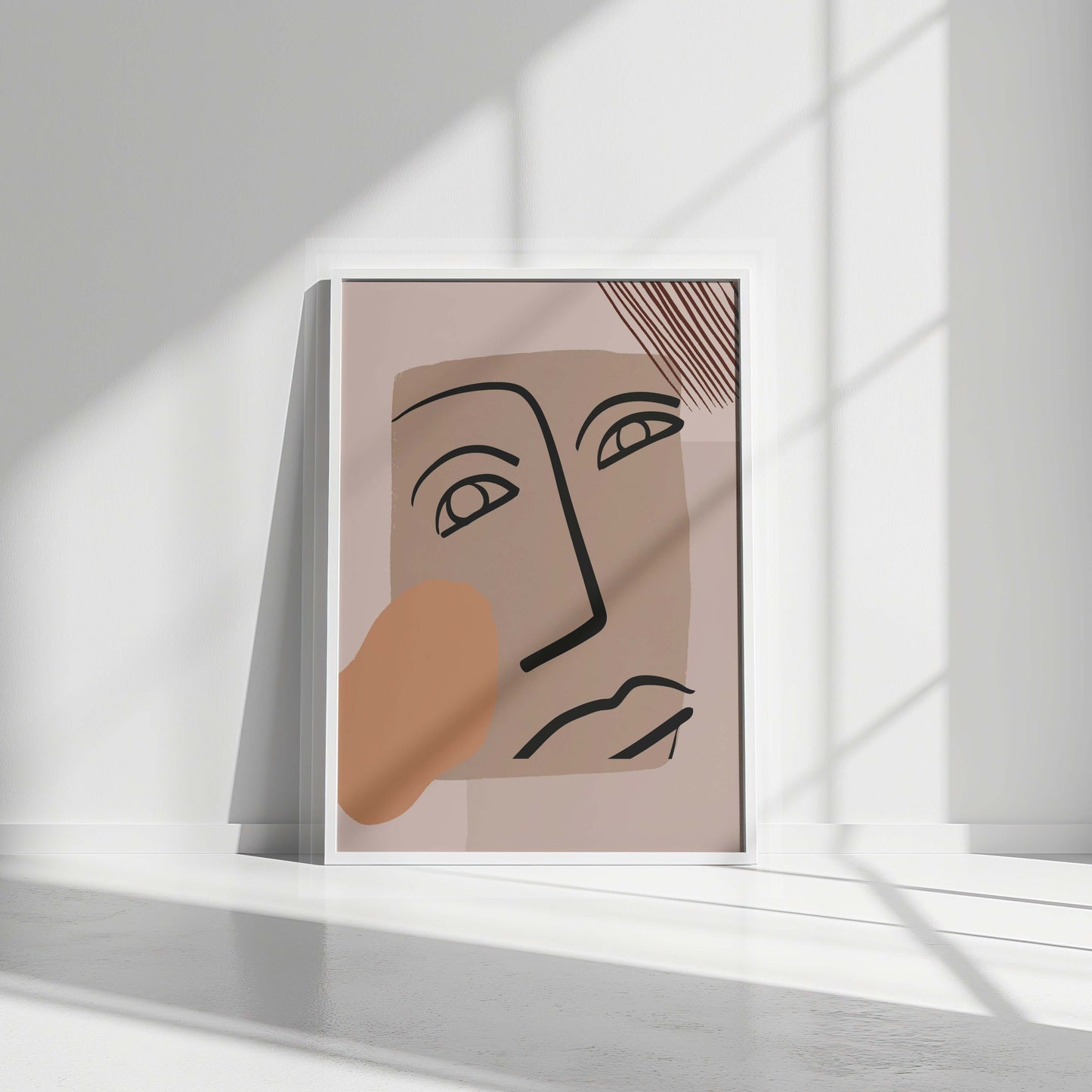 White-framed bold gaze abstract face print, showcasing minimal line work with earthy accents.
