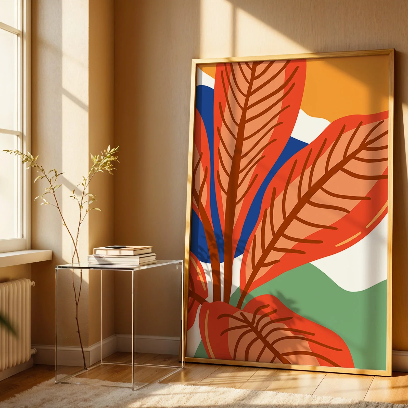 Abstract botanical print with detailed coral leaf veins.
