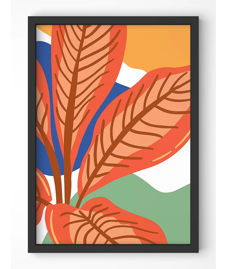 Stylized coral leaves botanical print with abstract background.
