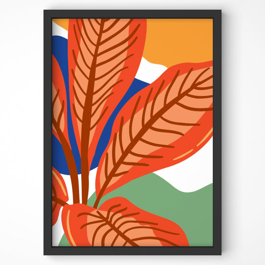 Stylized coral leaves botanical print with abstract background.
