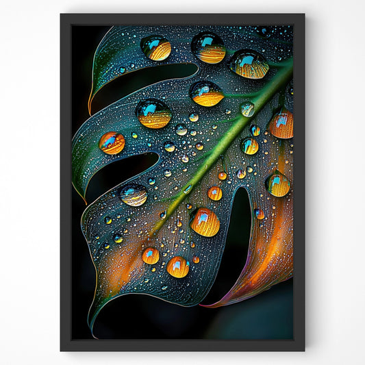 Close-up of a monstera leaf covered in shimmering dewdrops, reflecting warm golden tones, captured in a high-quality botanical wall art print.