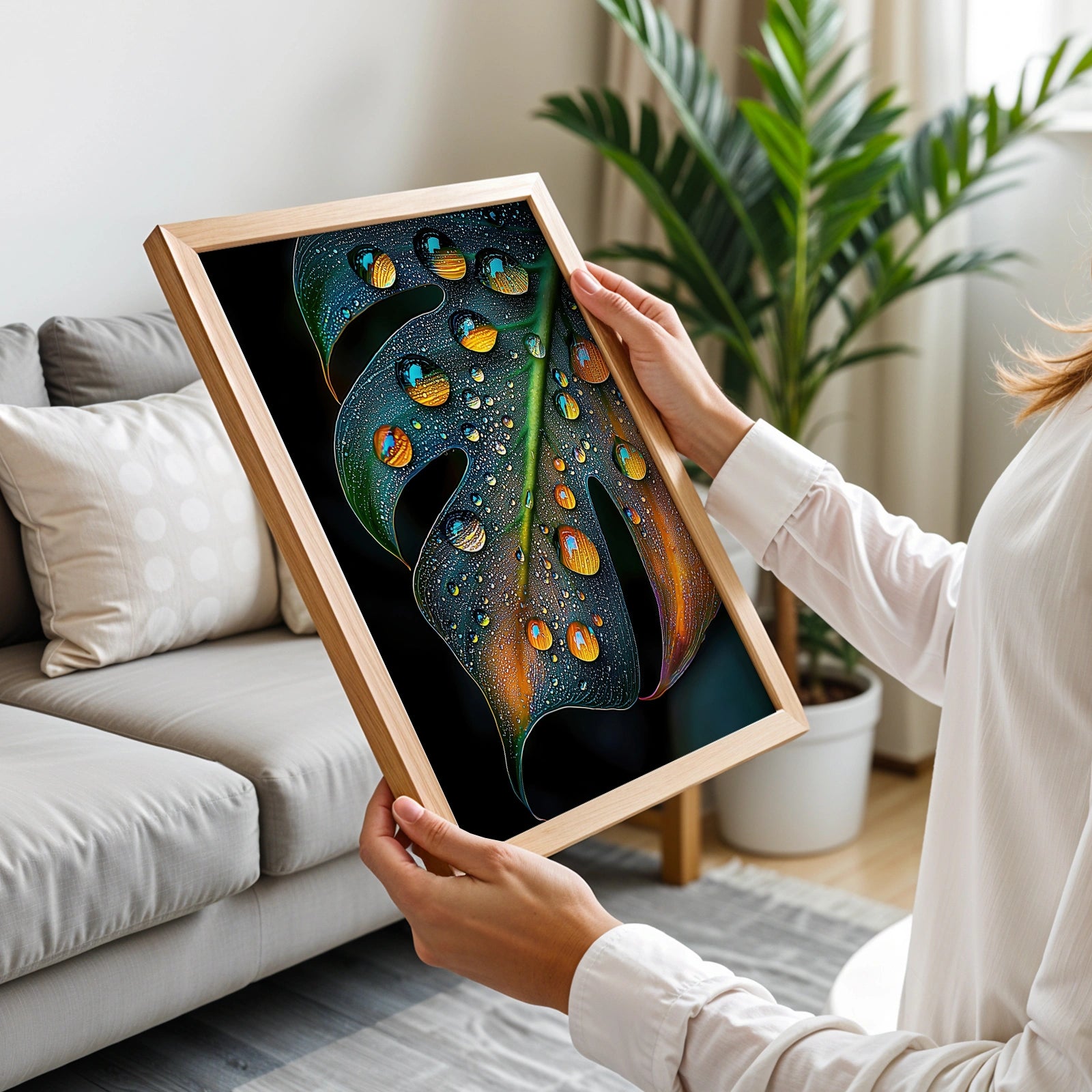 Framed monstera leaf print with intricate water droplets, displayed in a modern interior with soft natural lighting.