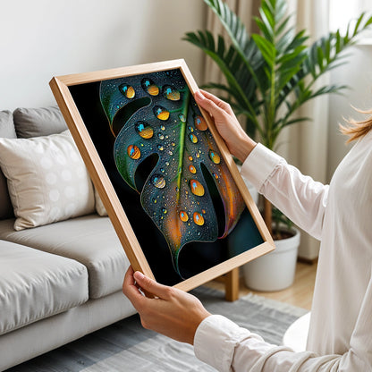 Framed monstera leaf print with intricate water droplets, displayed in a modern interior with soft natural lighting.