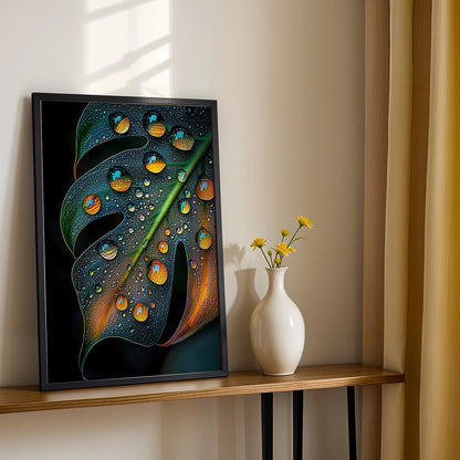 A person holding a premium botanical print of a dewdrop-covered leaf, ideal for contemporary home decor and nature lovers.