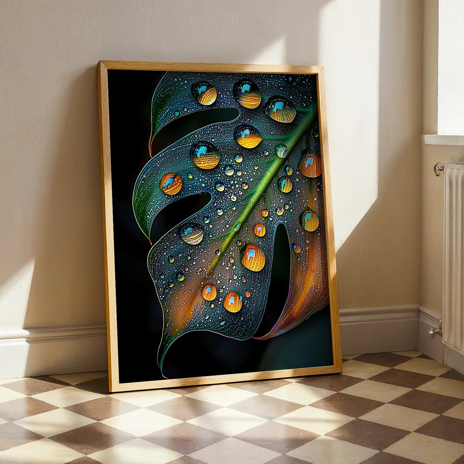 Large framed monstera leaf artwork featuring glistening reflections, positioned in a bright sunlit room, perfect for stylish interiors.