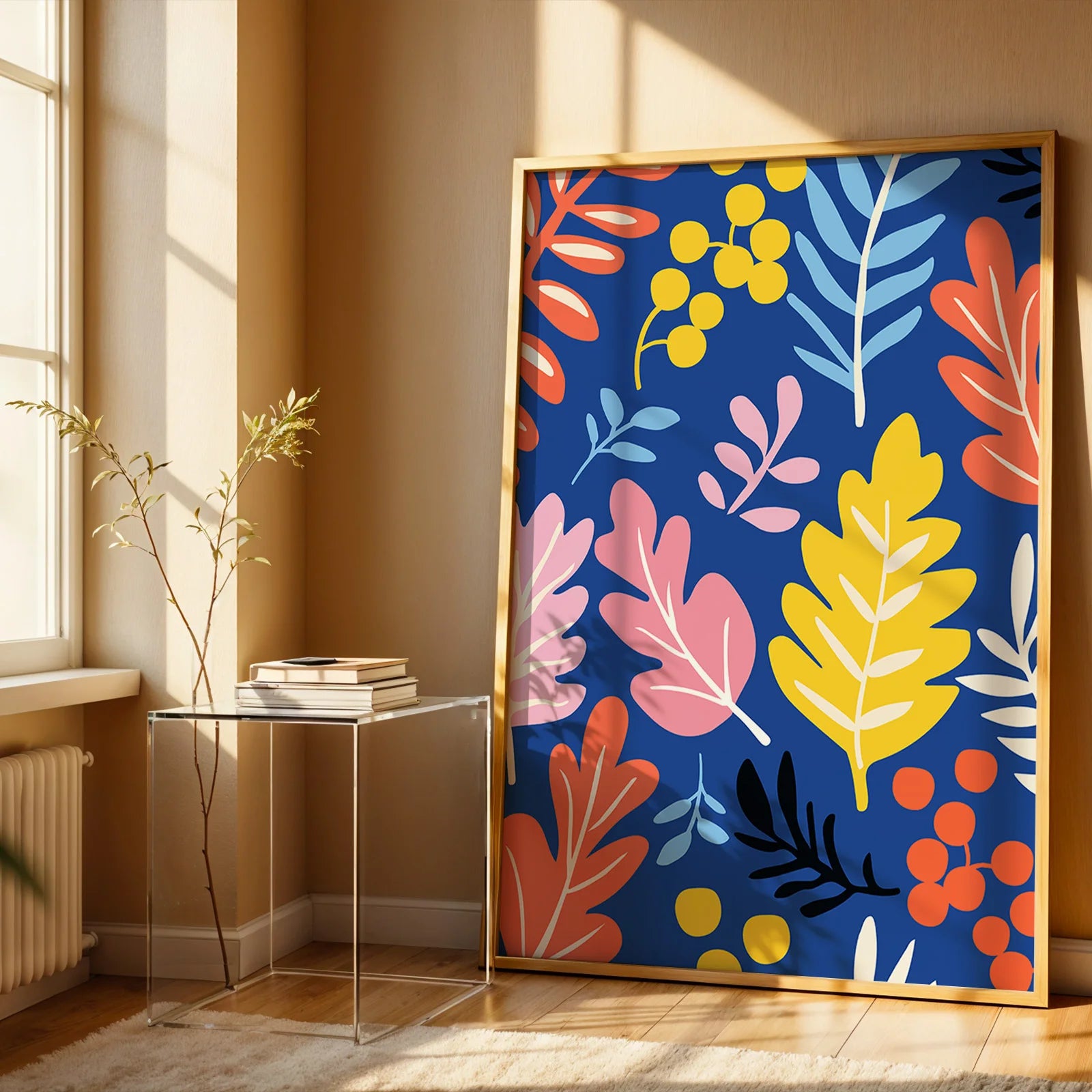 Whimsical botanical illustration with yellow, pink, and orange leaves.
