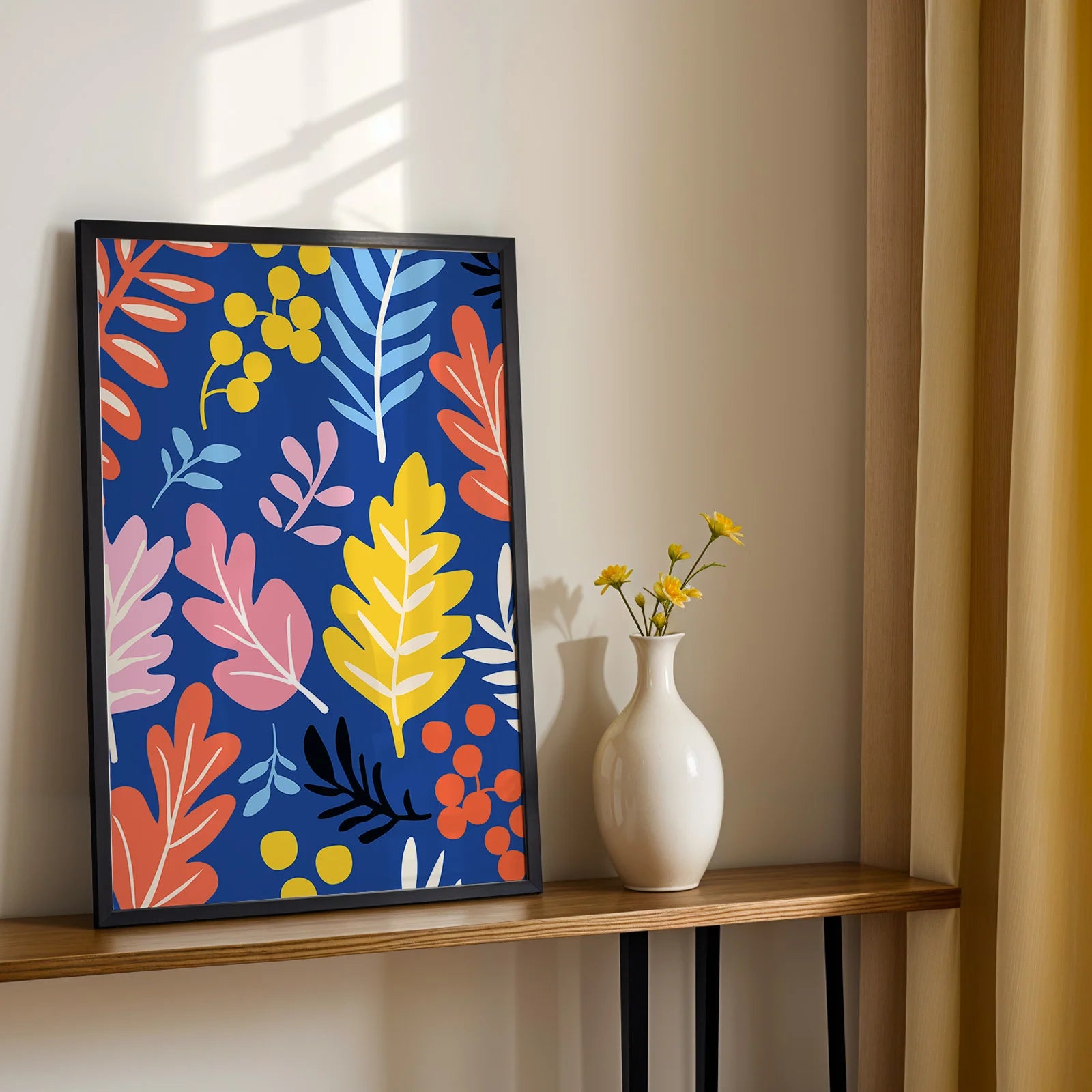 Abstract botanical print with a mix of realistic and stylized leaf shapes.
