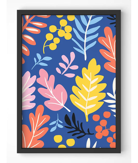 Vibrant botanical art print with colorful leaves on a blue background.
