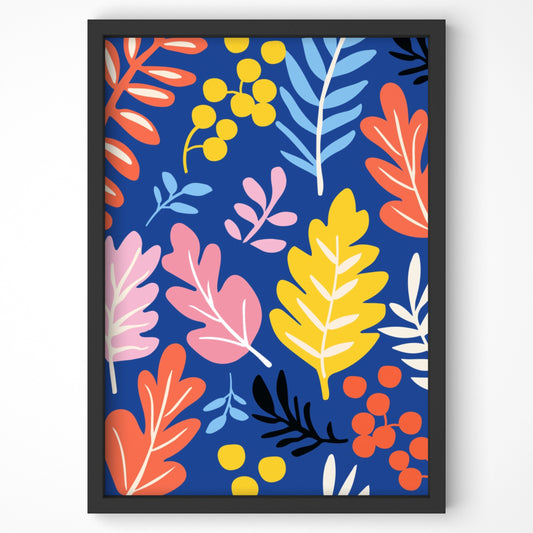 Vibrant botanical art print with colorful leaves on a blue background.
