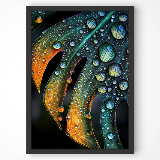 Close-up of a tropical monstera leaf with vibrant green and golden hues, covered in water droplets, creating a striking botanical wall art print.