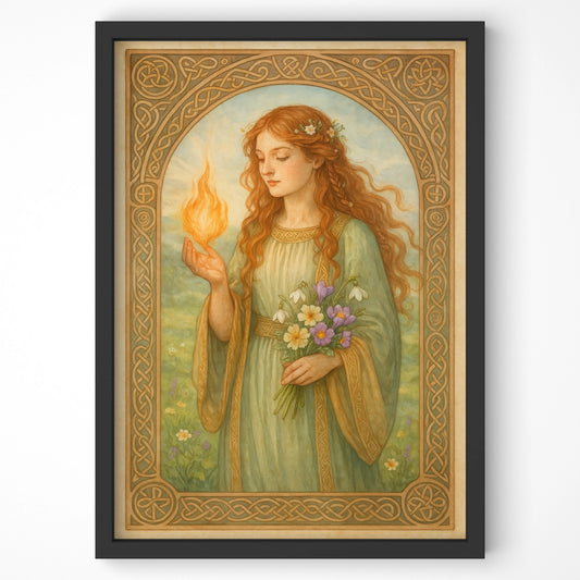 Close-up of Brigid Celtic folklore print showing her holding fire and flowers, with ornate knotwork border.