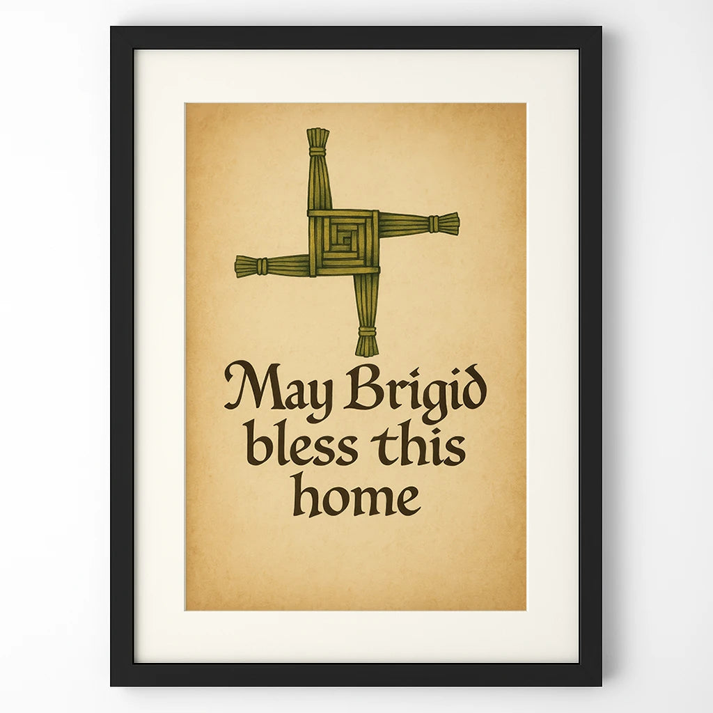 Close-up view of Brigid’s Cross Blessing artwork in a black frame against a white background, highlighting Celtic design.