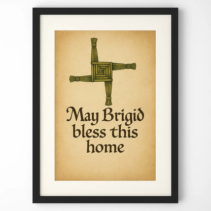 Close-up view of Brigid’s Cross Blessing artwork in a black frame against a white background, highlighting Celtic design.