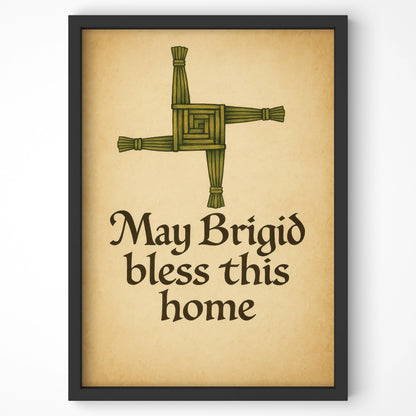 Full front view of Brigid’s Cross Blessing Celtic mythology print in black frame on a plain white wall, simple and elegant.