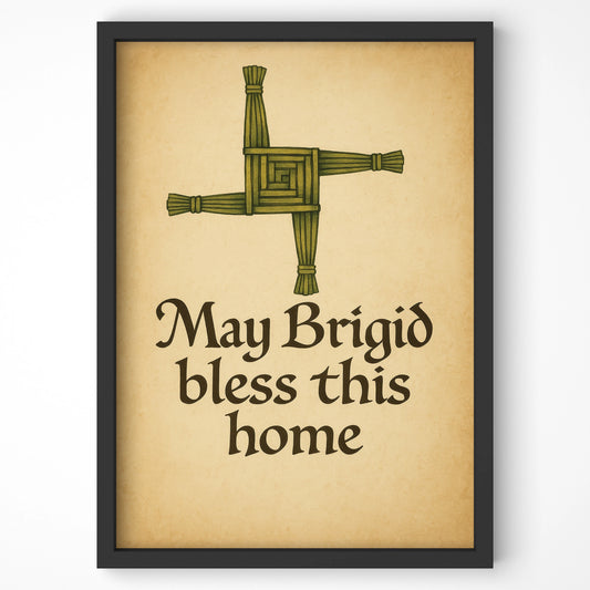 Full front view of Brigid’s Cross Blessing Celtic mythology print in black frame on a plain white wall, simple and elegant.