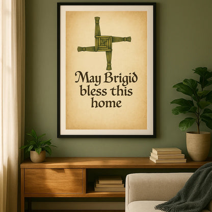 Large framed Celtic wall print of Brigid’s Cross Blessing on a green feature wall with warm-toned wood furniture and plants.