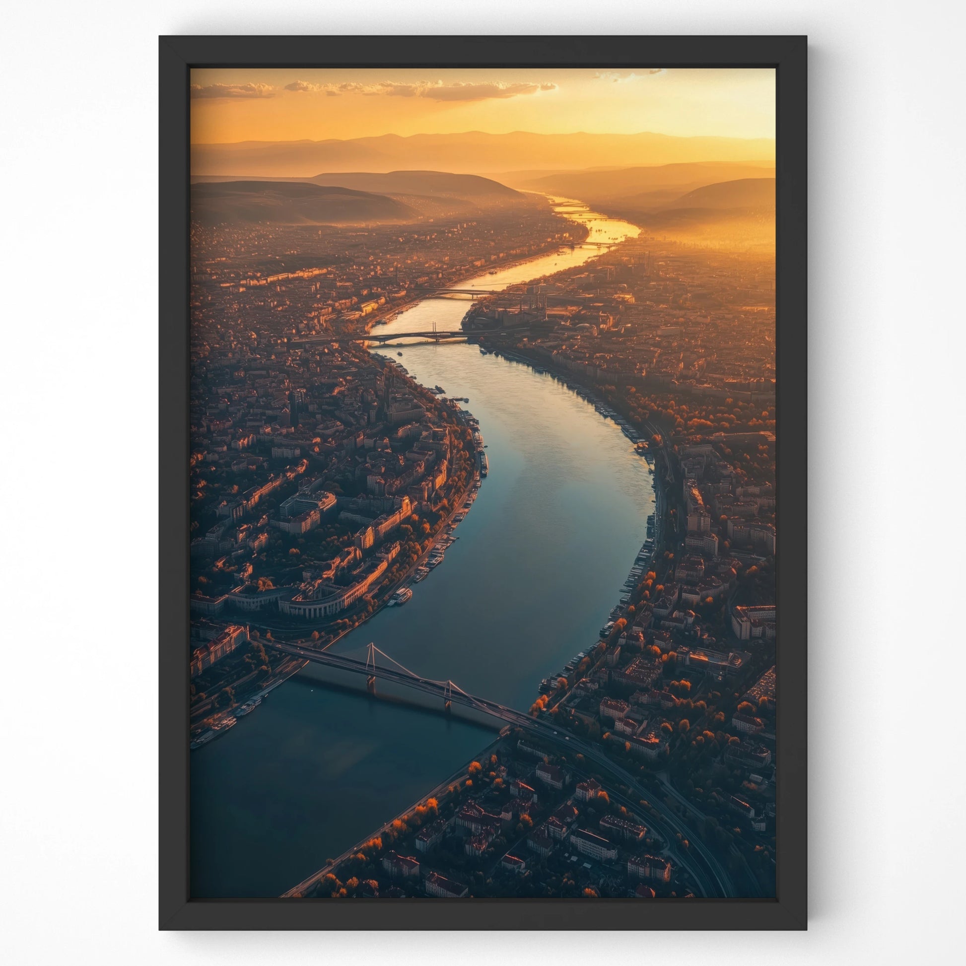 Close-up of a premium Budapest river travel wall art print in black frame