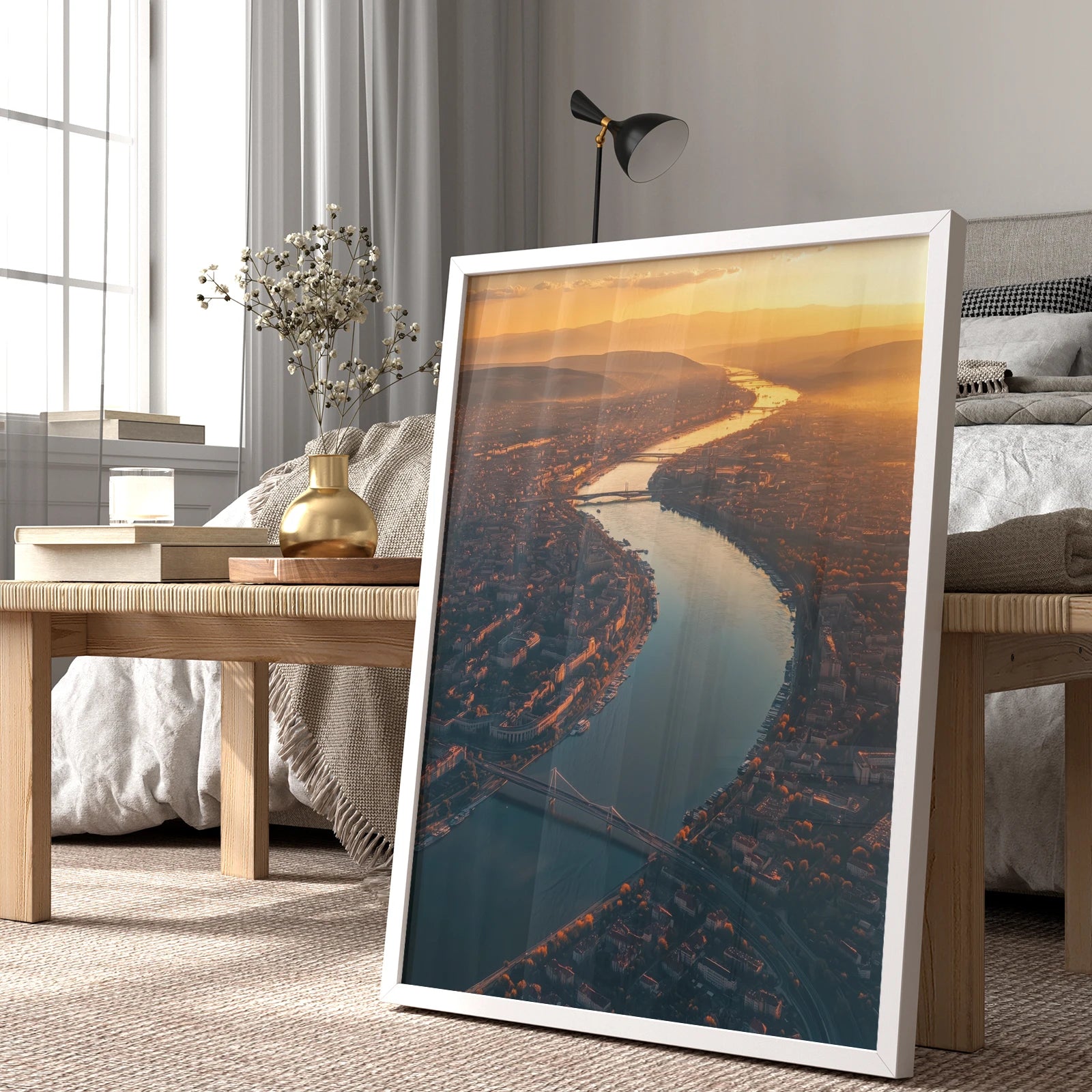 Budapest river sunset travel wall art print displayed in a modern bedroom