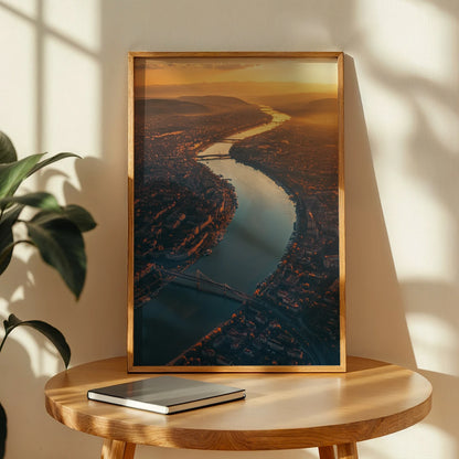 Warm aerial cityscape of Budapest river sunset travel print framed on a table