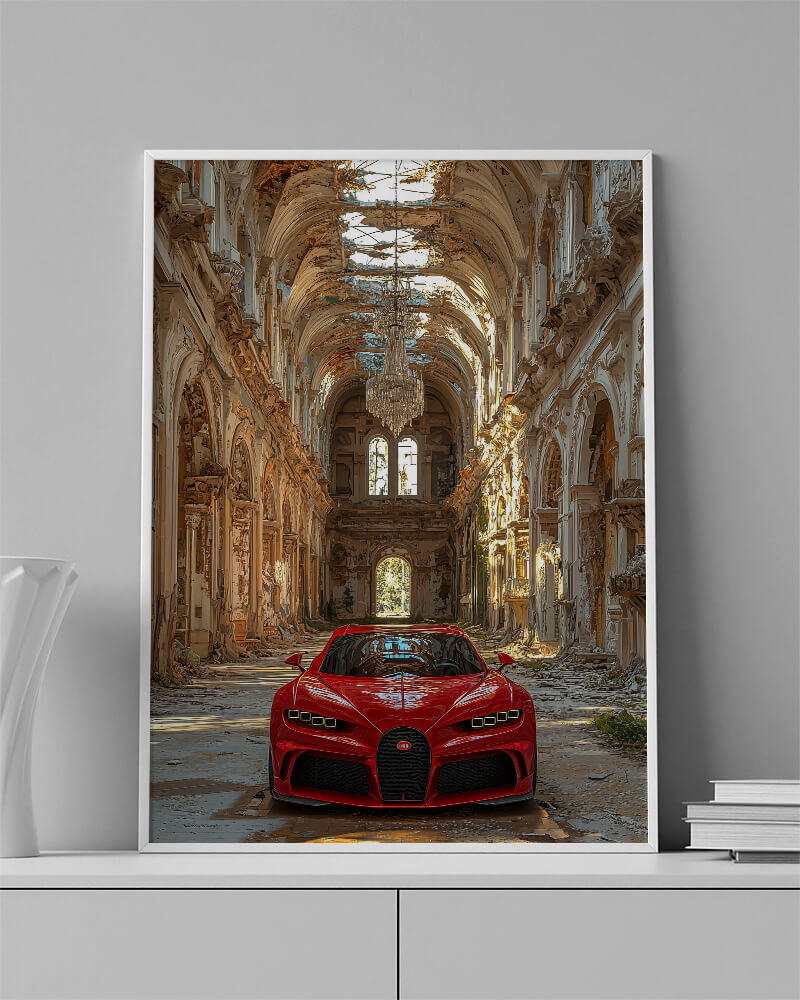 Bugatti Chiron wall art print in ornate, decaying architecture