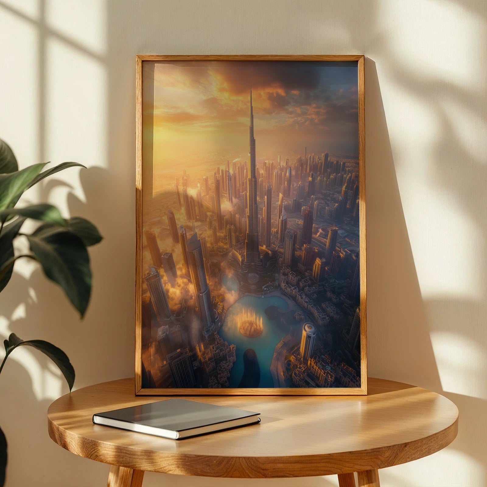 A breathtaking view of the Dubai skyline at sunset, featuring the Burj Khalifa and surrounding skyscrapers glowing in golden light.