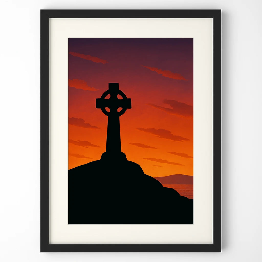 Full view of Celtic Cross print in a sleek black frame without mount – rich sunset colours and Celtic symbolism.