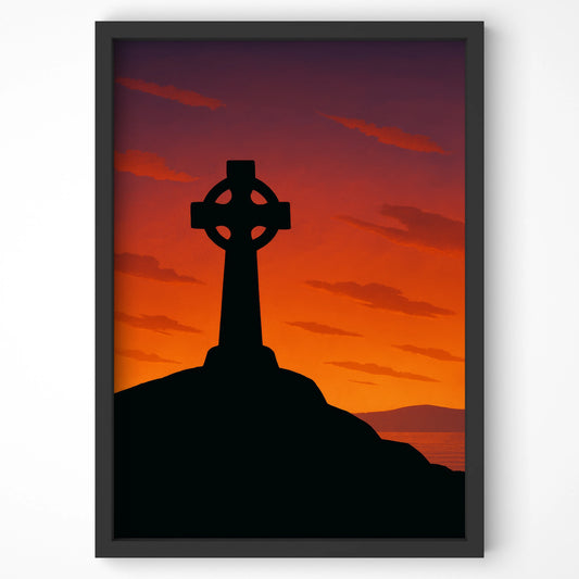 Close-up of framed Celtic Cross print with white mount against white wall – bold Celtic silhouette and vibrant sky.