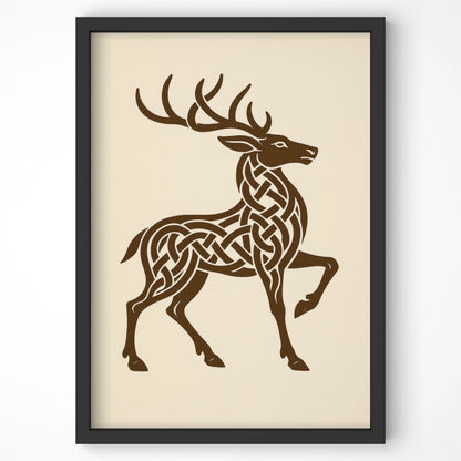 Front-facing view of Celtic knotwork stag wall art, framed and minimal – perfect nod to Irish mythology for modern homes.